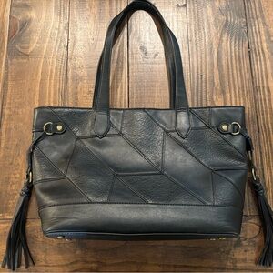 Frye and Co Melissa Black Leather Patchwork Tote Bag